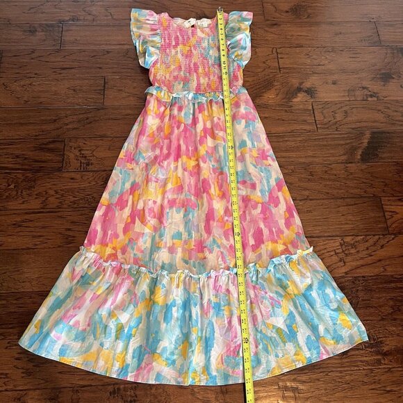 NWT Peach Love Dress Size Small Pink Blue White Floral Smocked Ruffle Maxi Midi - Picture 12 of 16